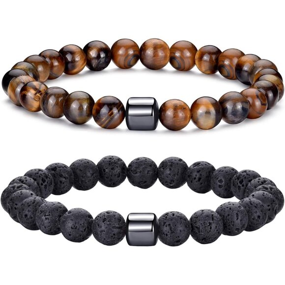 ⚡Rankeef Men 2 Lava Rock Tiger Eye 8MM Natural Stone Crystal Beaded Bracelet - Picture 1 of 7